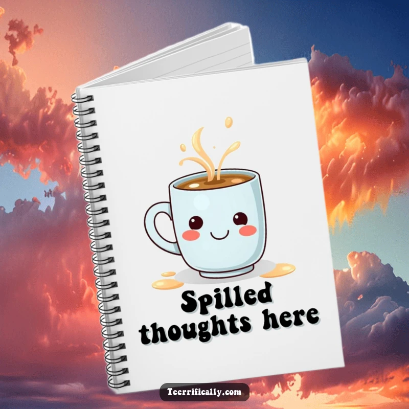 Funny notebook with a tiny determined coffee mug spilling a steaming latte that forms a smiley face, ideal for notes and ideas.