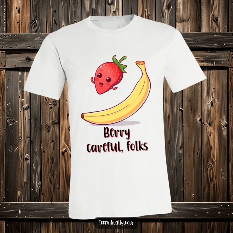 Funny strawberry balancing t-shirt, on a banana peel with a surprised grin, showcasing a comical fruit fail.