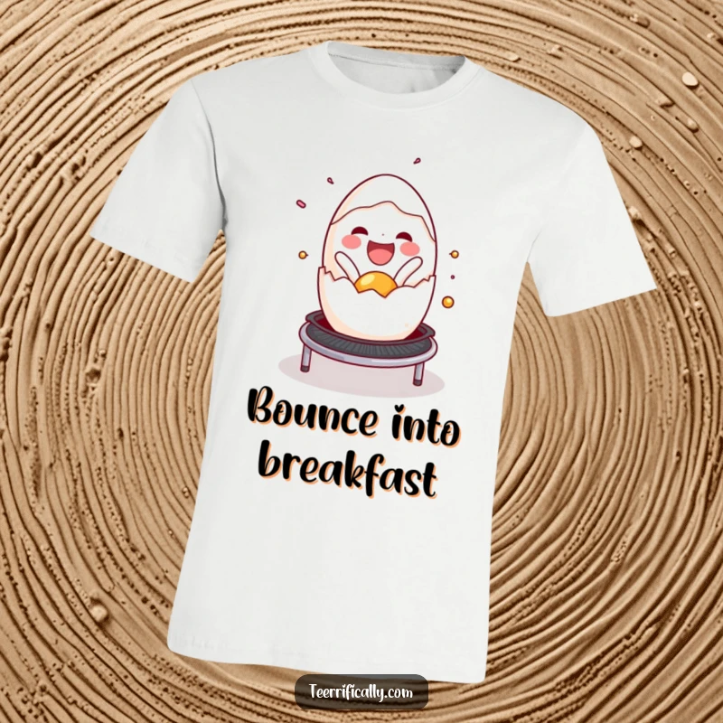 Funny cracked egg t-shirt, joyfully spilling onto a trampoline, symbolizing boundless energy and a cheerful attitude. Perfect gift.