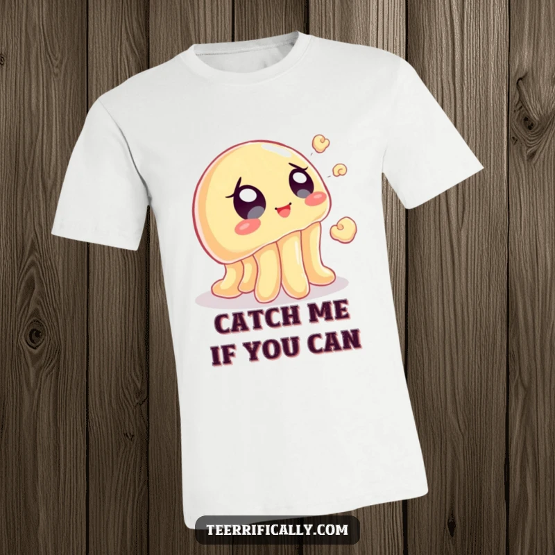 Funny t-shirt with a wobbly jelly eagerly trying to catch a flying popcorn kernel, embodying snack-time excitement.
