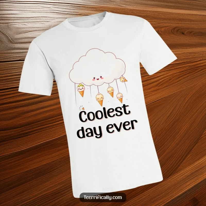 Funny t-shirt featuring a happy cloud raining tiny, smiling ice creams, perfect for summer and dessert fans.