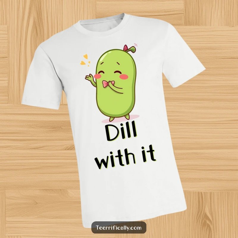 Funny t-shirt with a sentient pickle performing an exaggerated, dramatic bow, expressing theatrical humor and vibrant personality.