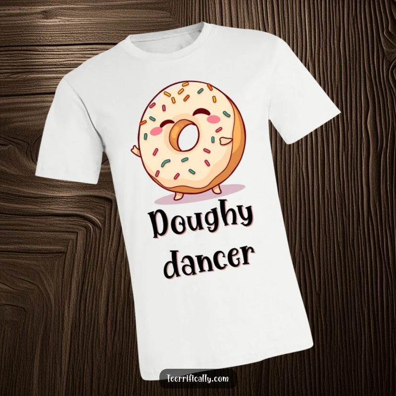 Funny T-Shirt of a winking donut covered in sprinkles, doing a playful shimmy, full of sugary charm and energy.