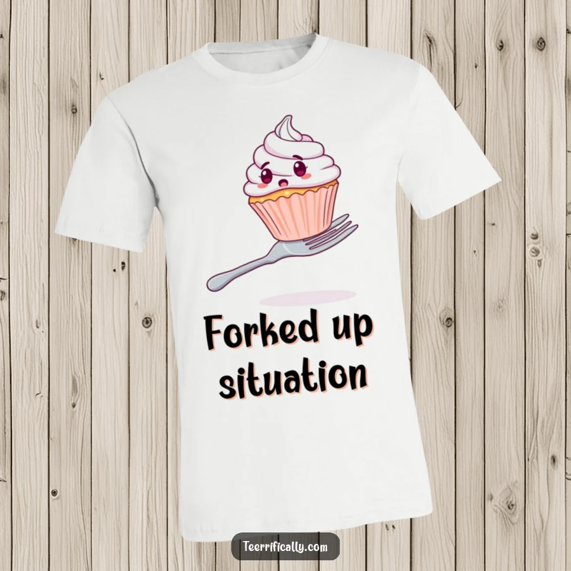 Funny t-shirt depicting a startled cupcake attempting to balance on a giant fork, great for foodies and humor enthusiasts.
