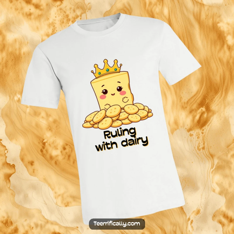 Funny t-shirt featuring a proud slice of cheese in a tiny crown, looking regally over a pile of crackers.