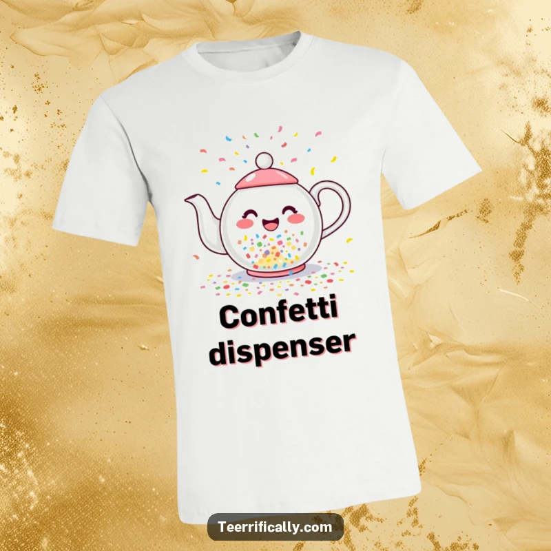 Funny t-shirt depicting a happy teapot enthusiastically pouring colorful confetti instead of tea, celebrating life's little joys.