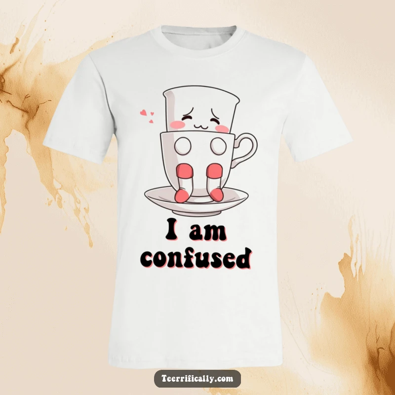 Funny t-shirt depicting a bewildered teacup adorned with socks, comically trying to float within its own confines.