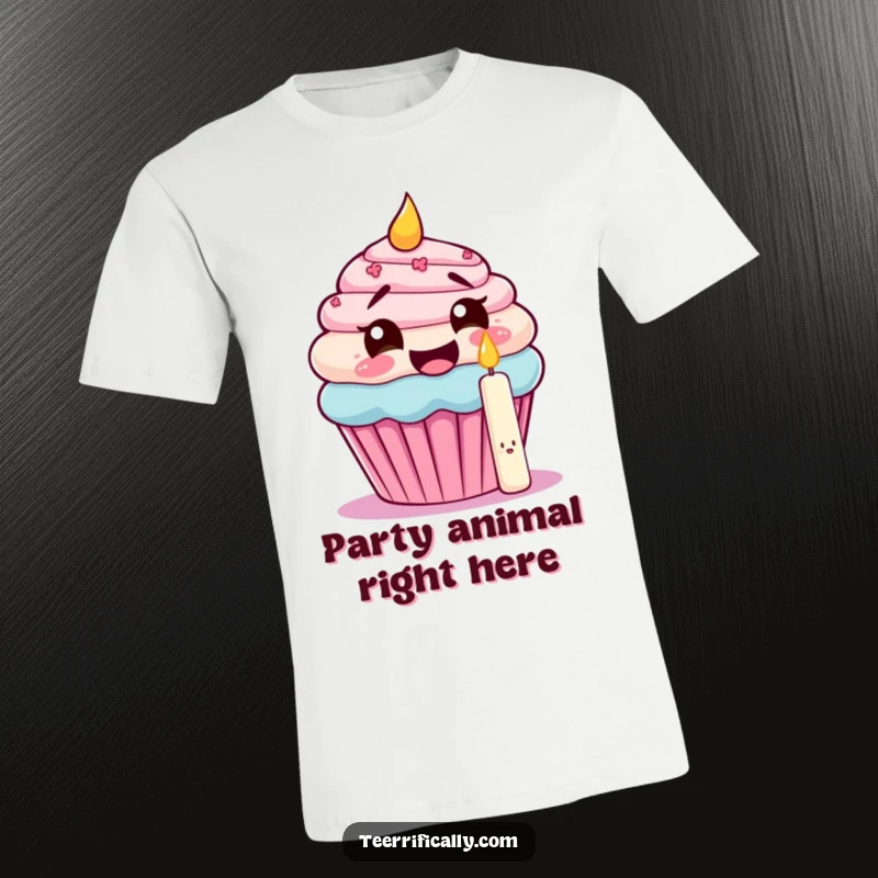 Funny t-shirt with a giggling cupcake trying to eat its own candle, representing birthday fun and sweet, humorous chaos.