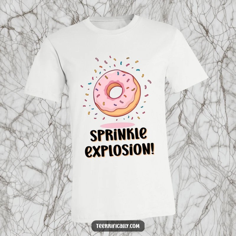 Funny T-Shirt depicting a bouncy donut performing a somersault with a delightful explosion of sprinkles, embodying joyful movement and sweetness.