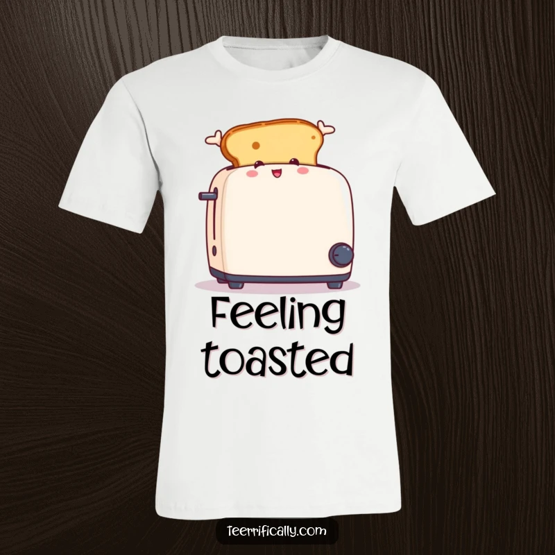 Funny t-shirt depicting a piece of toast with popped ears excitedly jumping out of a toaster, great for breakfast lovers.