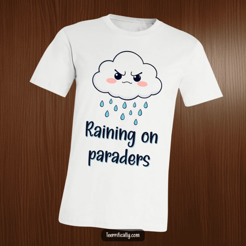 Funny t-shirt with a grumpy cloud character joyfully showering happy little raindrops, creating a humorous and cheerful image.