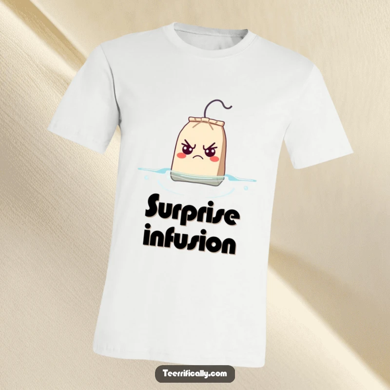Funny T-Shirt featuring a grumpy teabag that looks surprised as it floats up, capturing a moment of unexpected realization.