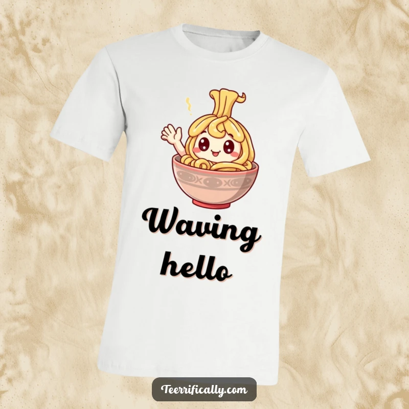 Funny T-Shirt of a happy noodle with exaggerated googly eyes, waving from a steaming bowl, radiating pure joy and fun.