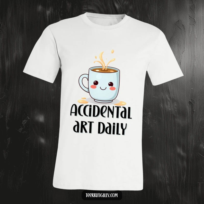 Funny t-shirt showcasing a small coffee mug spilling a steaming latte that hilariously forms a smiley face, perfect for coffee lovers.