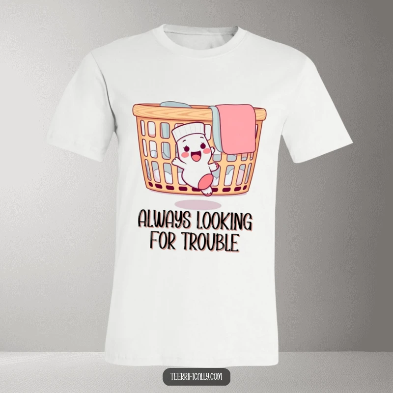 Funny t-shirt depicting a delighted sock in hot pursuit of its runaway mate, circling a laundry basket with comical urgency.