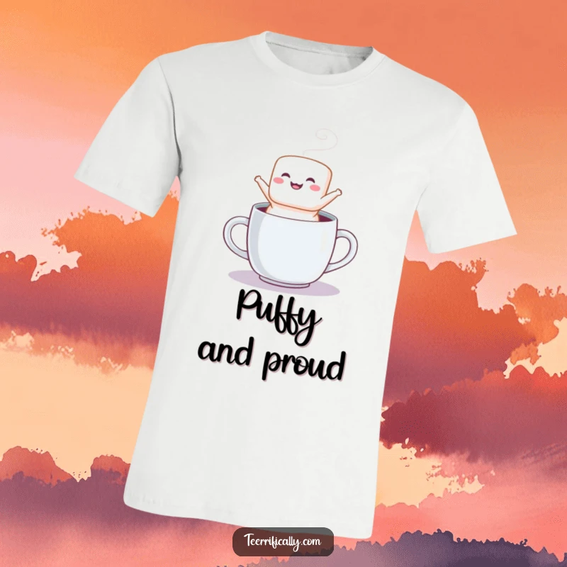 Funny t-shirt displaying a fluffy marshmallow mid-jump from a steaming mug, capturing pure delight and energy.