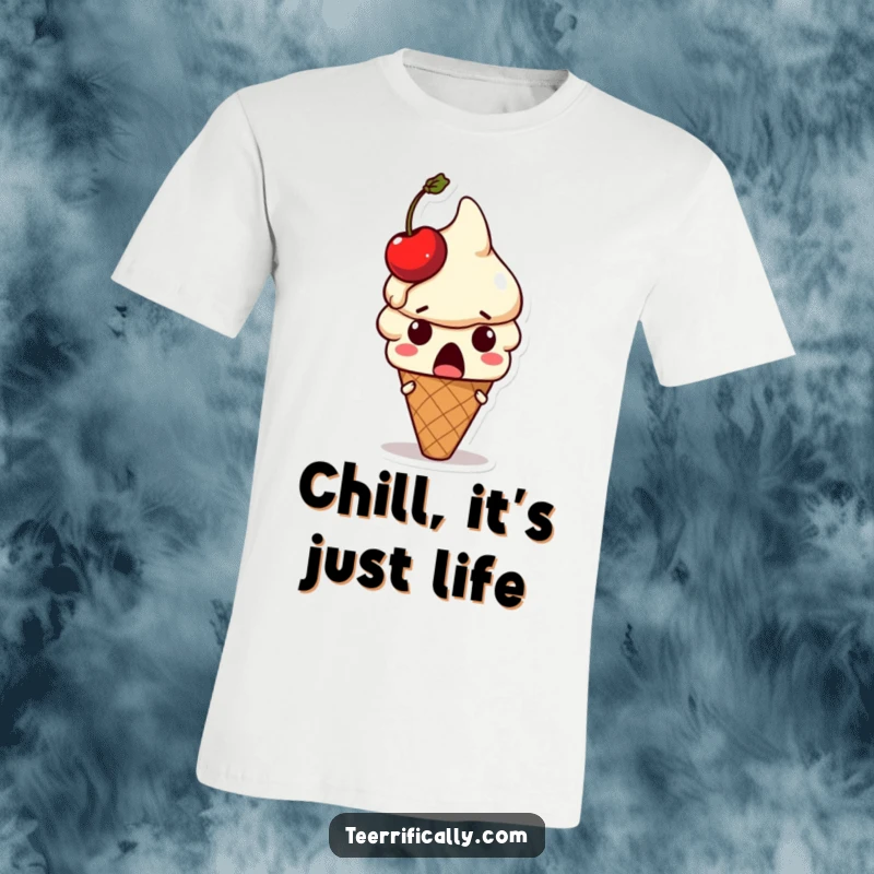 Funny ice cream t-shirt: Surprised ice cream cone character with a melting cherry on its head, a funny gift.