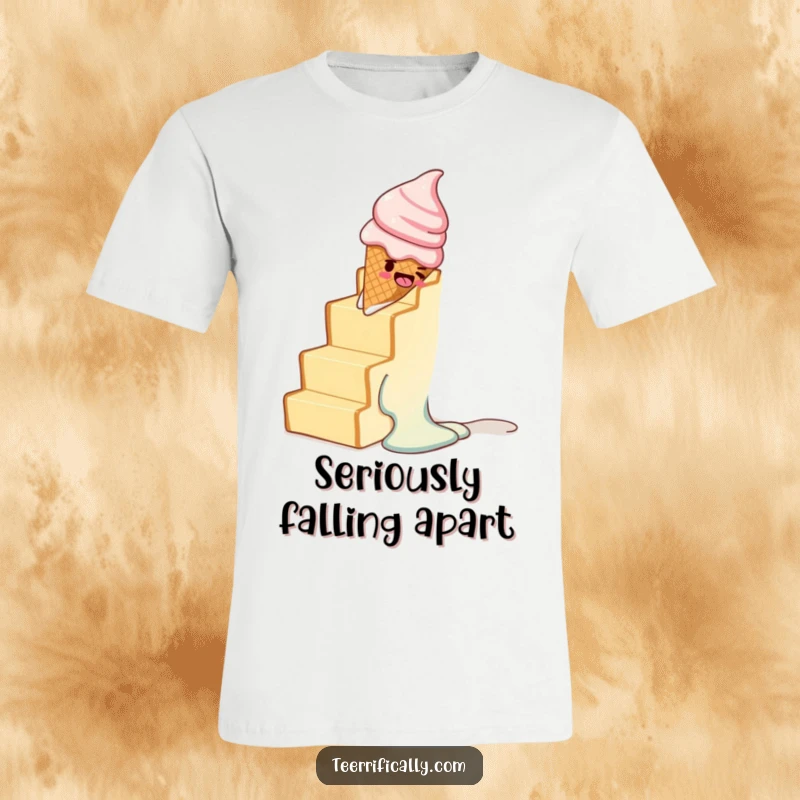 Funny t-shirt featuring a melting ice cream cone comically sliding down a staircase made of toast slices.