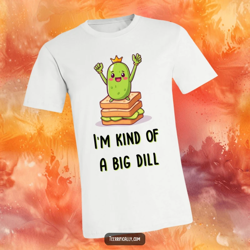 Funny pickle toast hero t-shirt depicting a triumphant pickle heroically posing on a stack of toast, celebrating breakfast power.