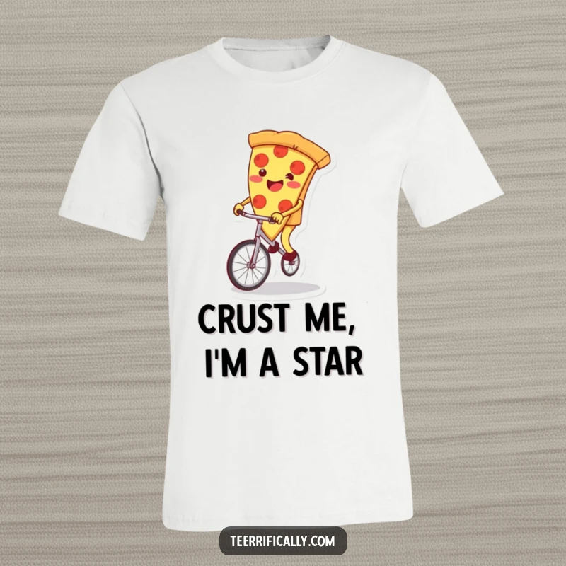 Funny pizza slice t-shirt riding a wobbly unicycle with enthusiasm, showcasing a carefree and humorous attitude. Ideal funny gift.