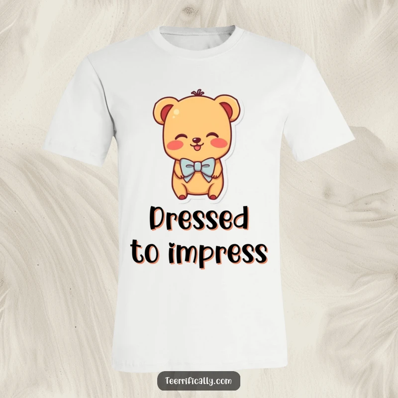 Funny t-shirt showing a shy hot dog character sporting a small bowtie and blushing deeply, a picture of cuteness.