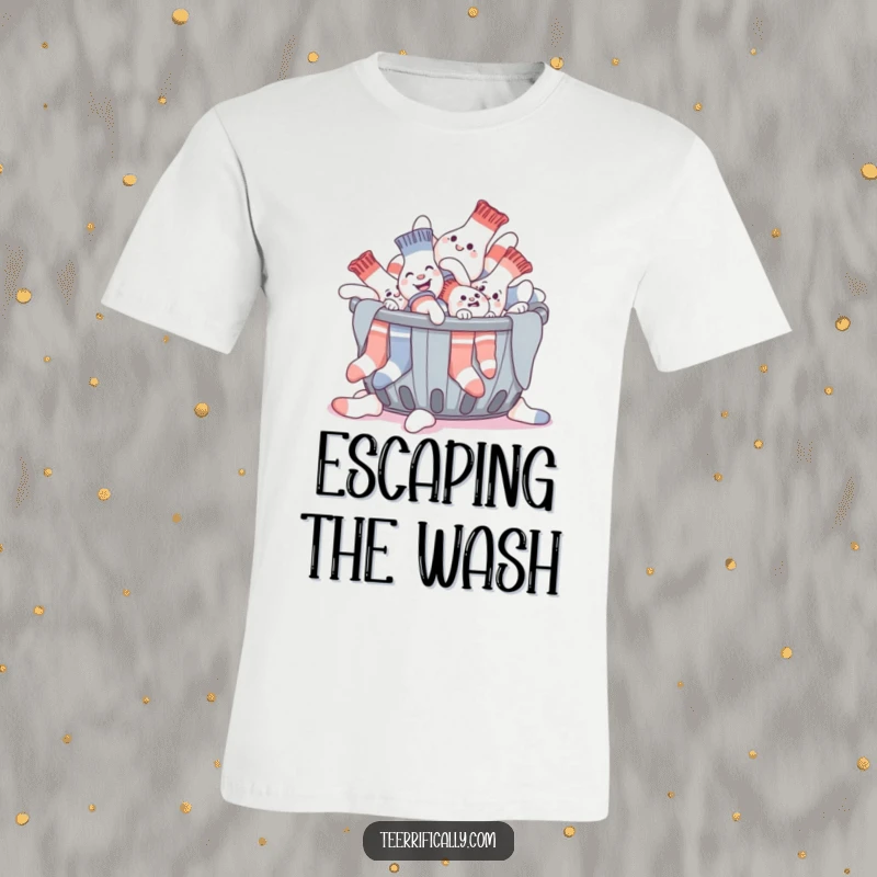 Funny t-shirt depicting a giggling pile of socks hilariously trying to escape a laundry basket, a testament to laundry day struggles.