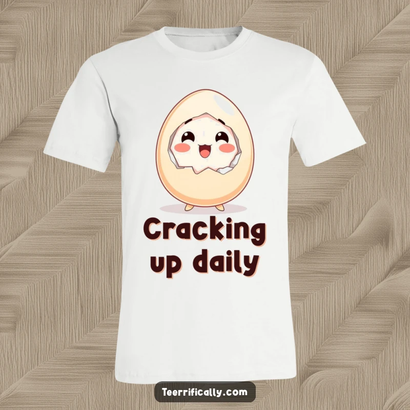Funny t-shirt depicting a startled cartoon egg cracking itself open with an expression of thrilled surprise.