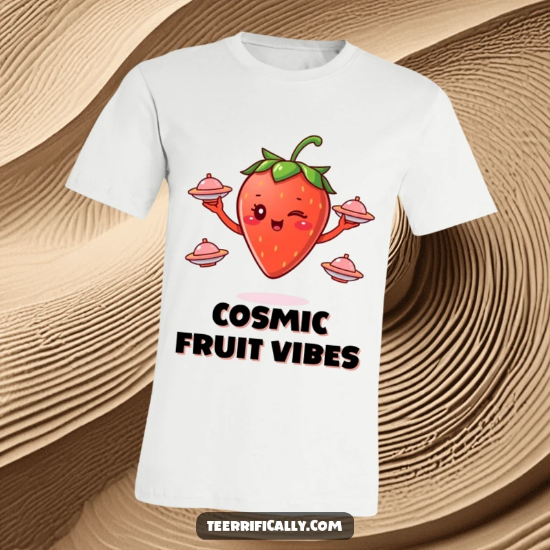 Funny winking strawberry character juggling tiny flying saucers on a t-shirt, depicting a humorous, cosmic, and playful scene.