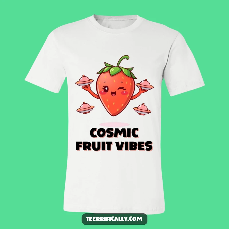 Funny Strawberry Juggling Saucers T-Shirt - Intergalactic Cosmic Fruit Apparel