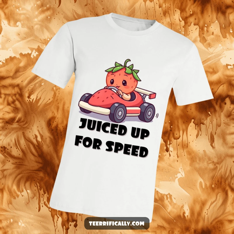 Funny t-shirt featuring a determined strawberry driving a miniature race car constructed from a berry, creating a comical automotive scene.