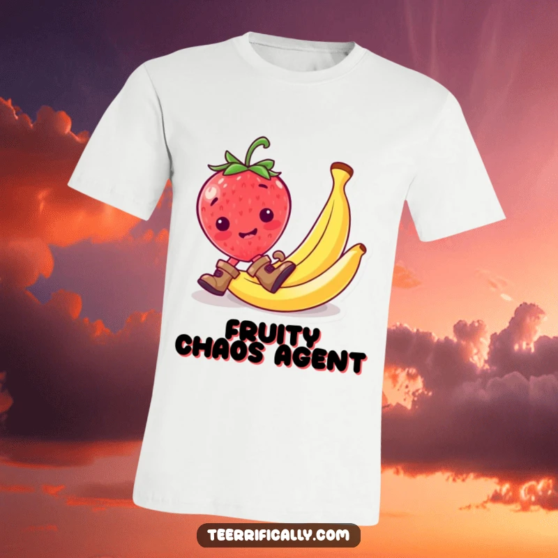 Funny strawberry wearing tiny boots, slipping on a banana peel, printed on a funny t-shirt.