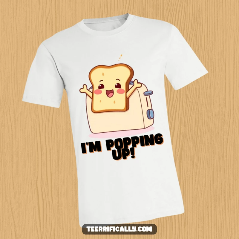 Funny T-shirt featuring a happy toast slice leaping with glee from an open toaster, celebrating playful breakfast moments and morning energy.