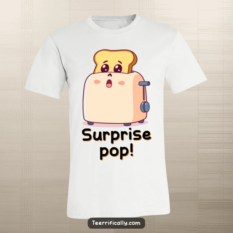 Funny cartoon toast popping out of a toaster, displaying shock and delight, humorous t-shirt for breakfast lovers, surprise style.
