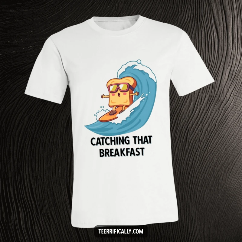 Surprised toast wearing goggles, surfing a marmalade wave, printed on a t-shirt, capturing a humorous and daring breakfast scene.
