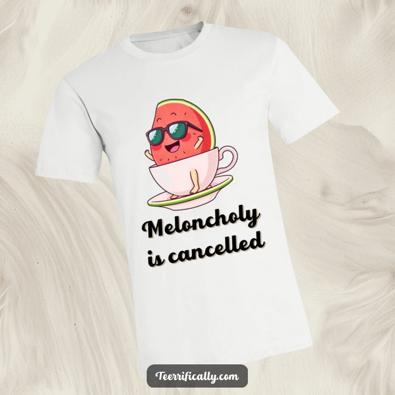 Funny watermelon slice t-shirt, wearing sunglasses, surfing a large teacup with a gleeful expression. Summertime humor.