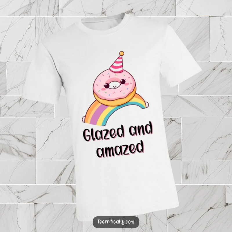 Funny donut wearing a party hat gleefully sliding down a rainbow, printed on a t-shirt, embodying sugary delight.