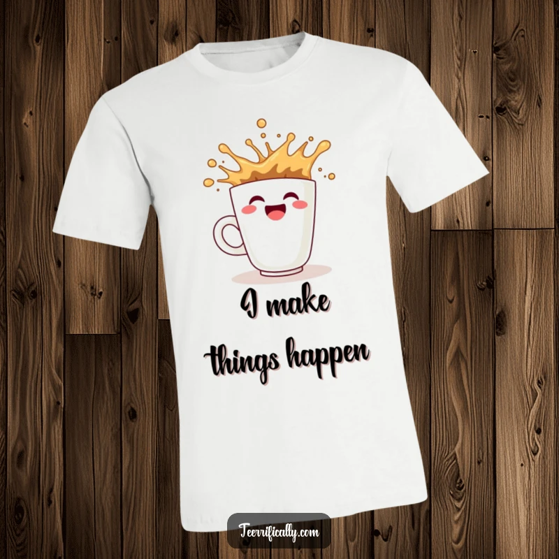 Funny coffee T-shirt with a smiling cup splashing energetically, celebrating the love for hot beverages.