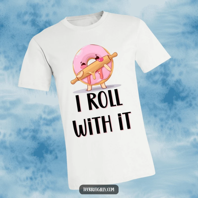 Funny t-shirt depicting a clumsy donut in a sticky hug with a rolling pin, showcasing delightful baking mishaps.