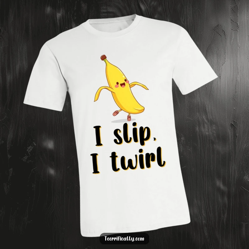 Funny banana peel pirouette t-shirt, depicting a smiling banana peel in shoes trying to do a ballet move.