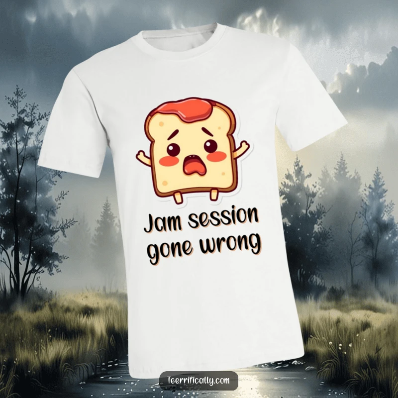 Funny T-Shirt depicting a bewildered piece of toast character with jam smeared on its edges, highlighting comical surprise.
