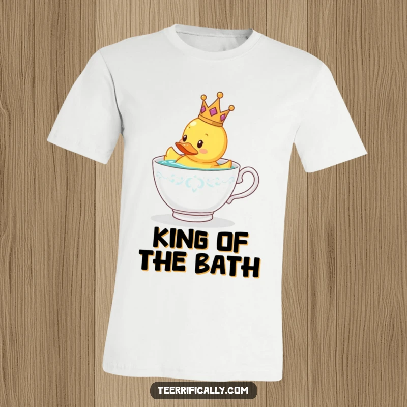 Funny rubber duck wearing a tiny crown floating in a teacup, cute t-shirt for a funny gift.