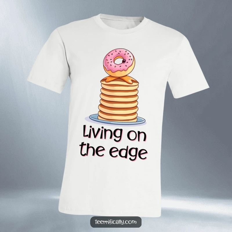 Funny donut pancake t-shirt, a curious donut balancing precariously on pancakes, whimsical and humorous apparel.