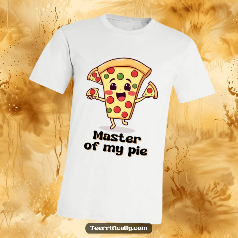 Funny pizza t-shirt: Happy pizza character juggling three runaway pepperoni slices, a funny gift.