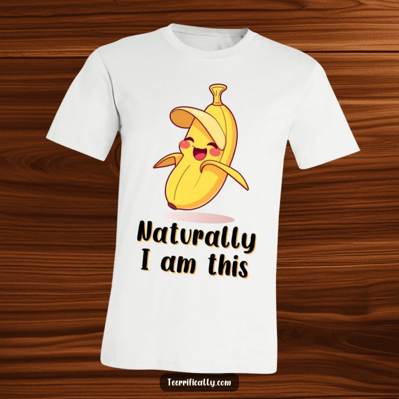 Funny t-shirt showing a giggling banana in the process of playfully peeling itself with a joyful expression.