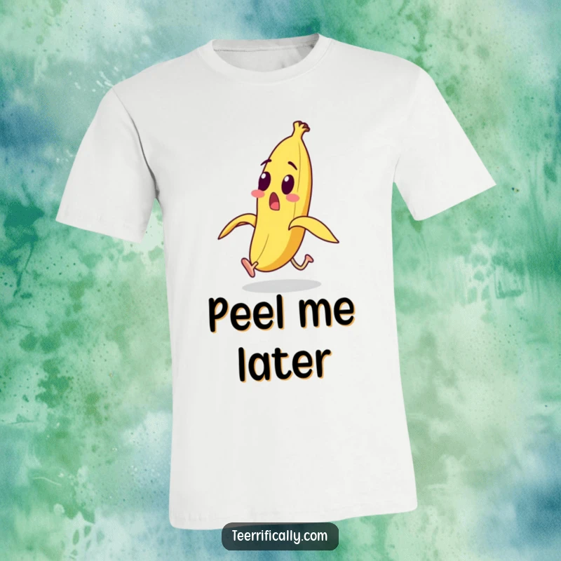 Funny surprised banana character with legs running away from its peel on a t-shirt, illustrating humorous panic and escape.