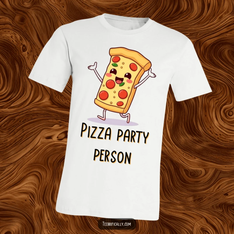 Funny happy pizza slice doing a joyful dance with pepperoni feet, energetic and fun, humorous food t-shirt.