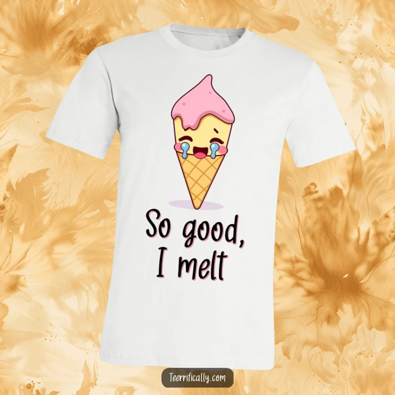 Funny melting ice cream cone crying a large tear of joy, humorous t-shirt celebrating sweet delights, emotional dessert wear.