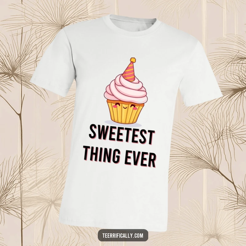 Funny T-Shirt with a proud cupcake character sporting a party hat and generous frosting, radiating celebratory cheer.