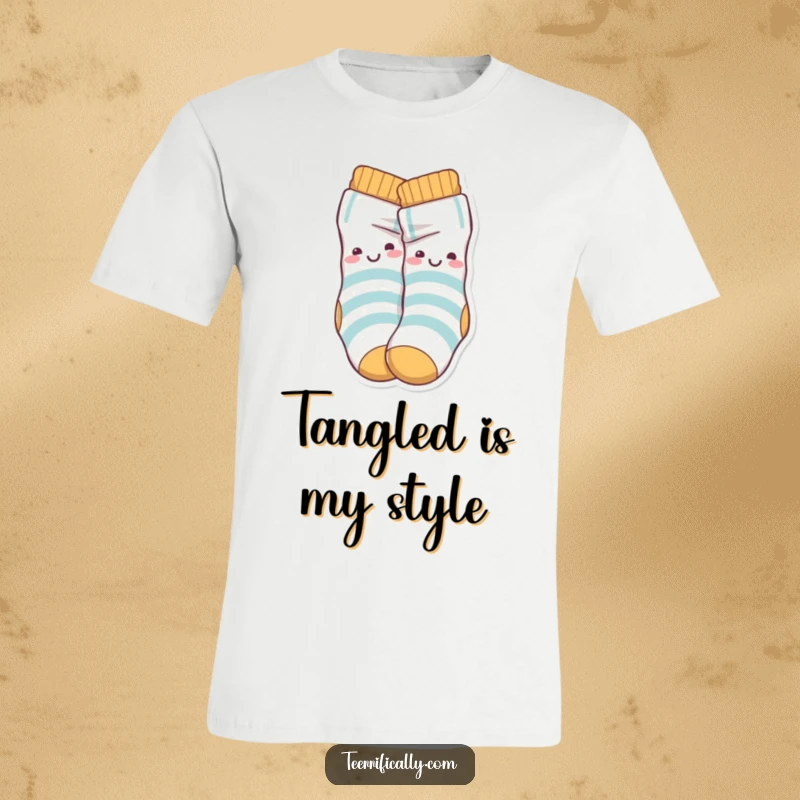 Funny T-Shirt depicting a pair of playful socks characters in a happy knot, illustrating fun and lightheartedness.
