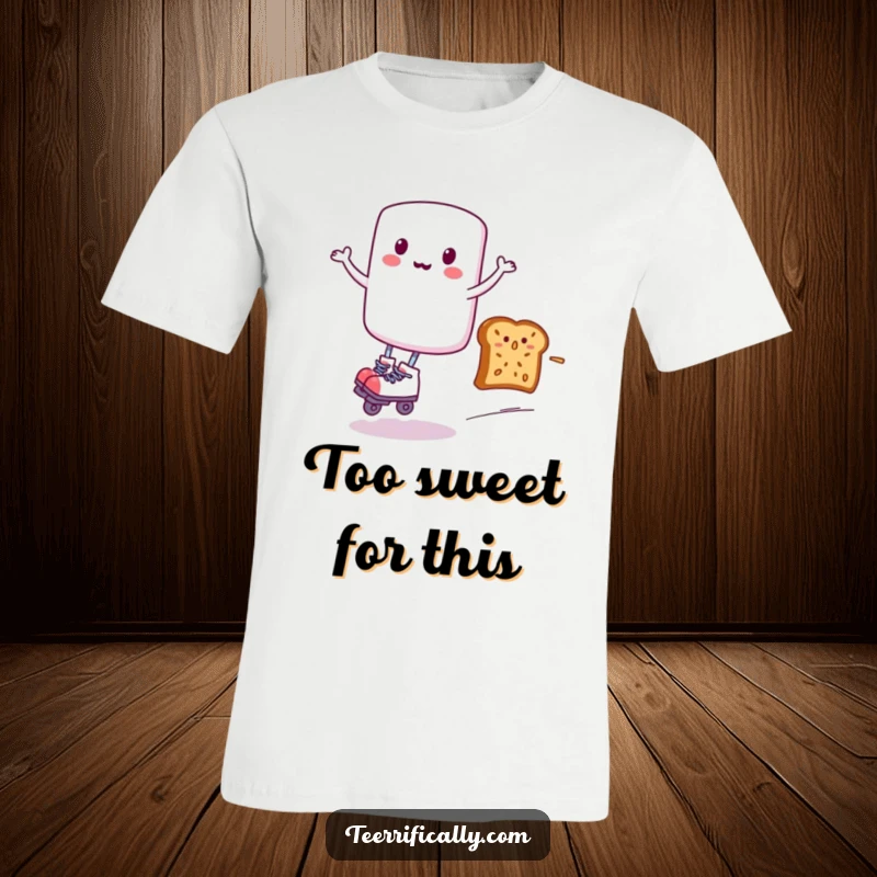 Funny t-shirt showcasing a flying marshmallow wearing roller skates, playfully zooming past a shocked piece of toast in a dynamic action scene.